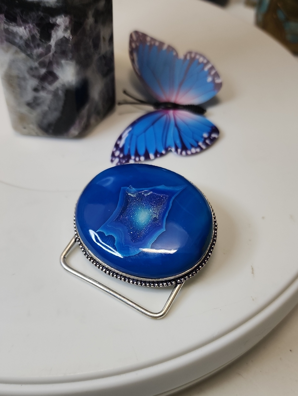 Blue Agate Belt Buckle Accent - Women's Accessory